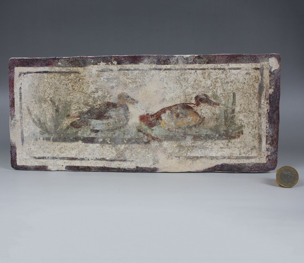Ancient Roman, Empire Lime plaster with dry powder pigment Fragment of a wall painting with ducks - 317 mm #1.0