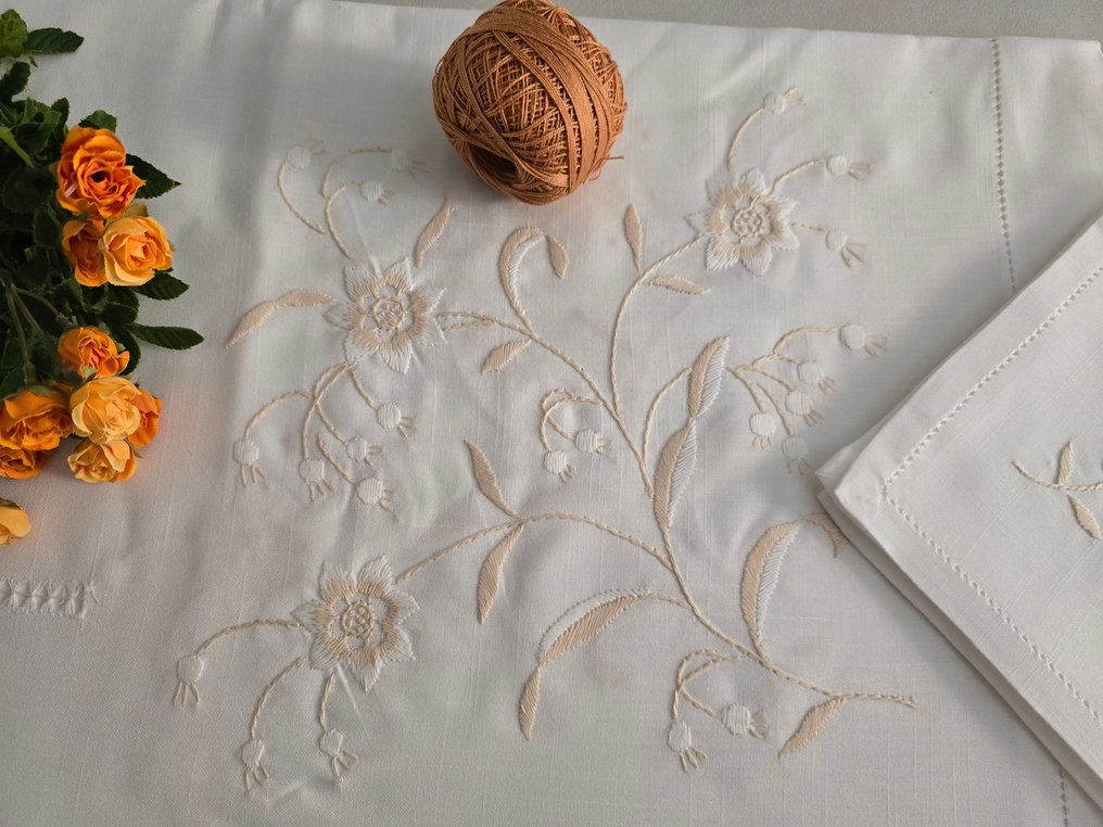 Tovaglia ricamata a mano in misto lino 12 posti tablecloth handmade - Toalha de mesa  - 270 cm - 175 cm #2.1