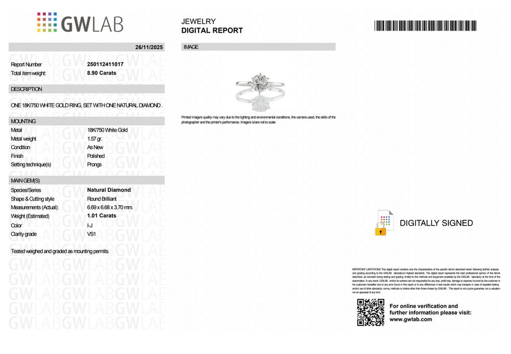 Ei pohjahintaa - Sormus - 18 kt. Valkokulta -  1.01ct. tw. Timantti (Luonnollinen) - GWLab #2.1