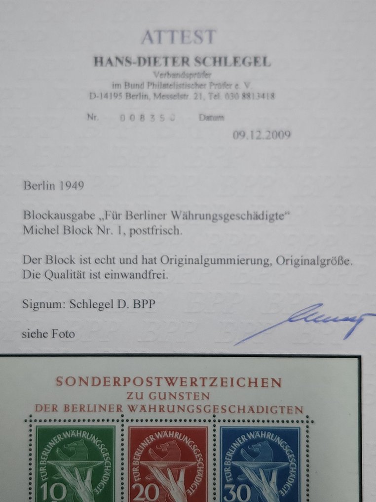 Berlim 1864/1949 - Berlin, bloco nº 1 danificado pela moeda, sem goma, com certificado, Schlegel, em perfeitas - Michel Block Nr. 1 #2.1