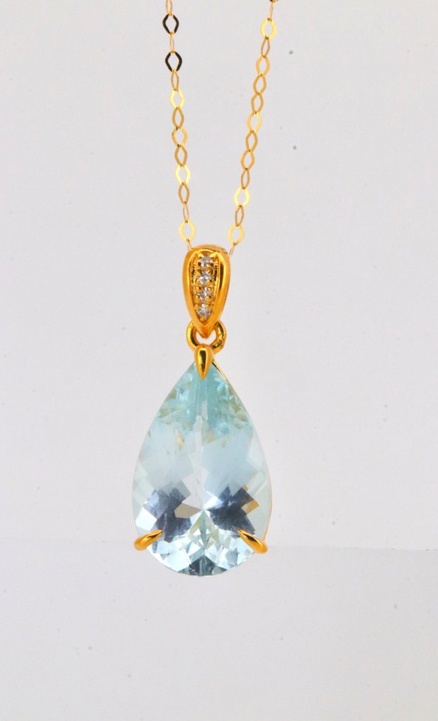 没有保留价 - 吊坠 - 14K包金 黄金 海蓝宝石 - 钻石 #2.1