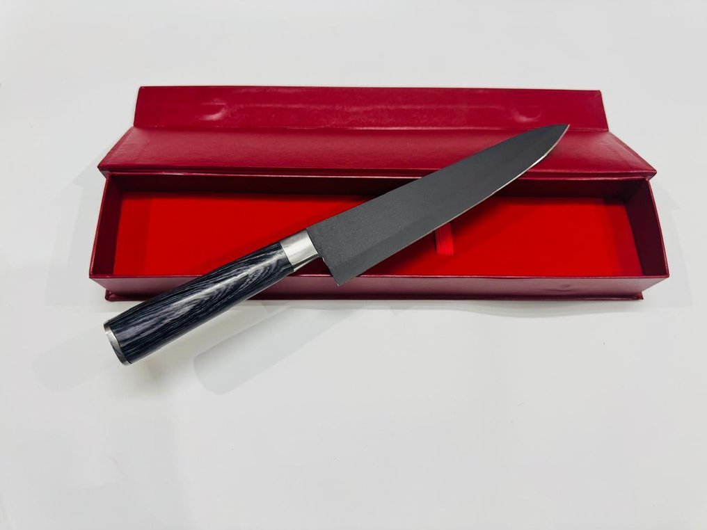 HexClad - Μαχαίρι κουζίνας -  Ιαπωνικό μαχαίρι λαχανικών (096) - Μαχαίρι και λαβή με επίστρωση σκόνης από ατσάλι και γκρι εξωτική ξύλινη λαβή. - Ιαπωνία - Ιαπωνικό μαχαίρι λαχανικών #2.1