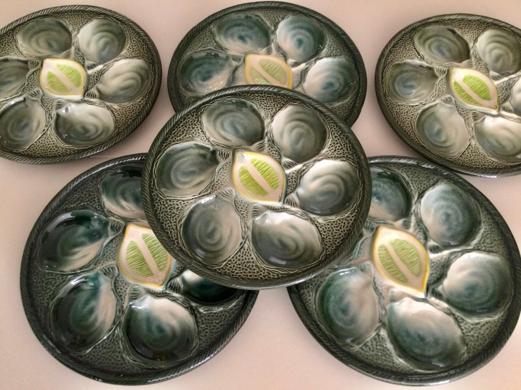 Faïencerie Saint Clément - Juego para ostras (6) - Barbotina exclusiva de estilo Art Deco en faience con conchas de ostra en relieve. #1.0
