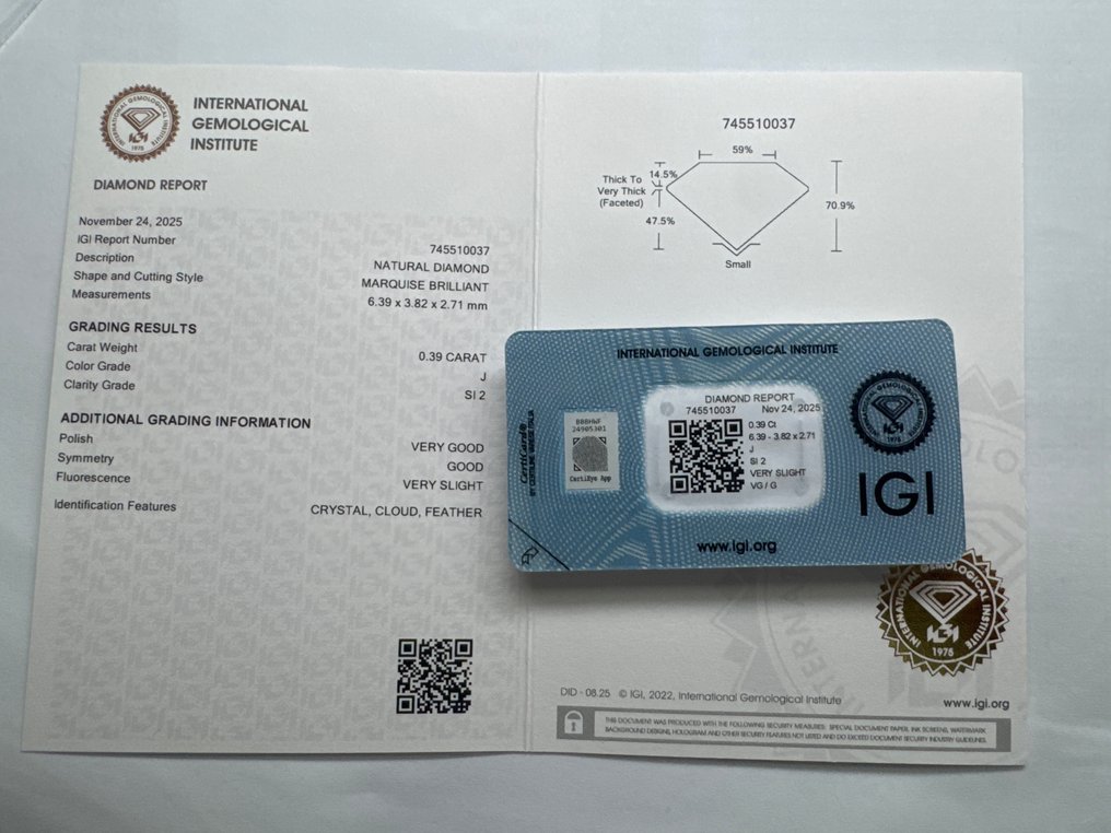 没有保留价 - 1 pcs 钻石  (天然)  - 0.39 ct - 榄尖形 - J - SI2 微内含二级 - 国际宝石研究院（IGI） #3.2