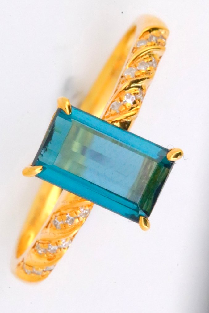 没有保留价 - 戒指 - 14K包金 黄金 电气石 - 钻石 - 蓝色 #1.0