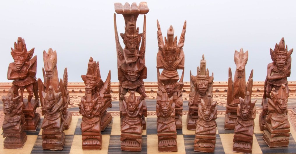 国际象棋套装 - Handgeschnitztes Schach- & Backgammon-Set – Südostasien – Traditionelle asiatische Figuren - 木 #1.0