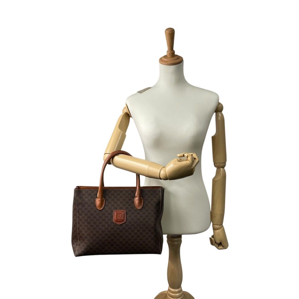 Céline - Vintage Macadam Coated Canvas Tote Bag with Brown Leather Handles and Square Logo Patch - Tote bag #3.2