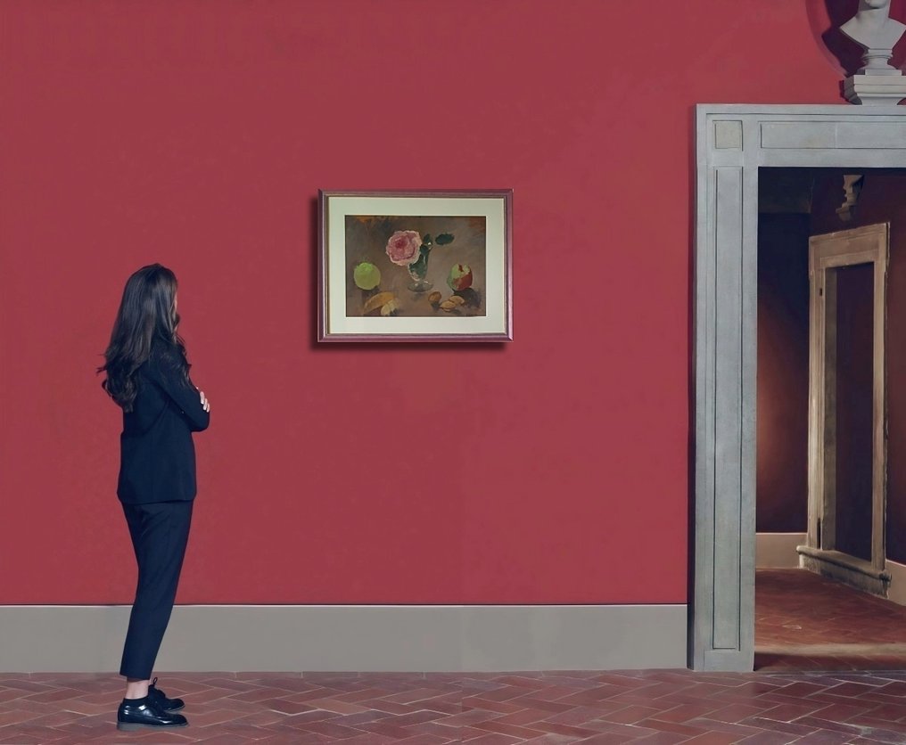 Felice Carena (1879–1966) - Natura morta con frutta e rosa #1.0