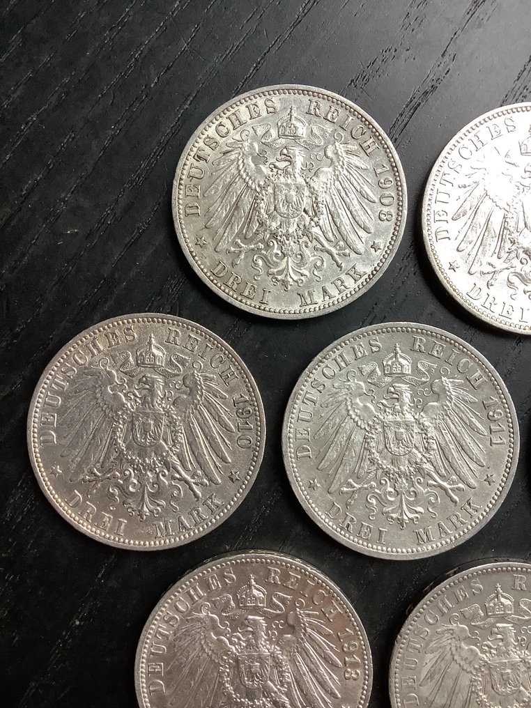 Allemagne, Württemberg Wilhelm II. 3 Mark 1908-1914 (Sans Prix de Réserve) #4.3