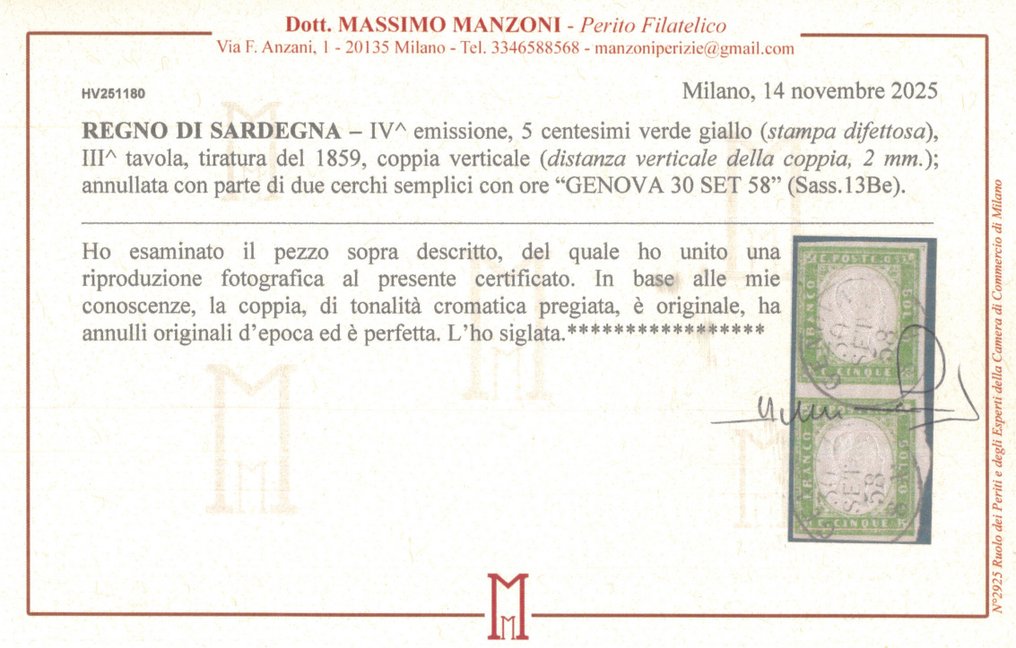 Italian Ancient States - Sardinia - 5 cents, IV Sardegna, green yellow with defective print, used pair #2.1