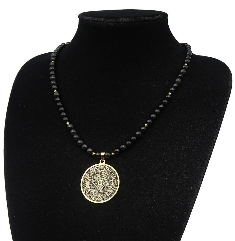 黑曜石项链，弗拉门人：神之眼——知识与保护——14K GF金色扣 - 吊坠项链 #2.1