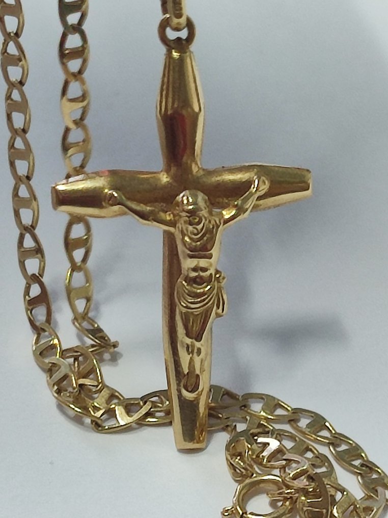 吊墜頸鏈 - 18 克拉 黃金, 十字架链条。70年代古董。手工制作，细节精致。 #1.0