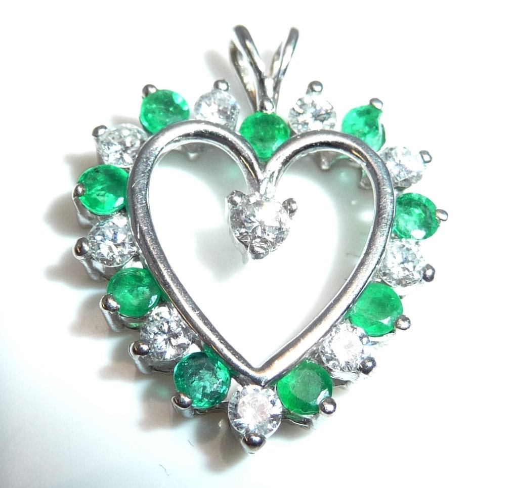 吊坠 - 14K包金 白金 -  0.75ct. tw. 钻石 (天然)  - 祖母绿 - 心脏 - 高品质 #2.1