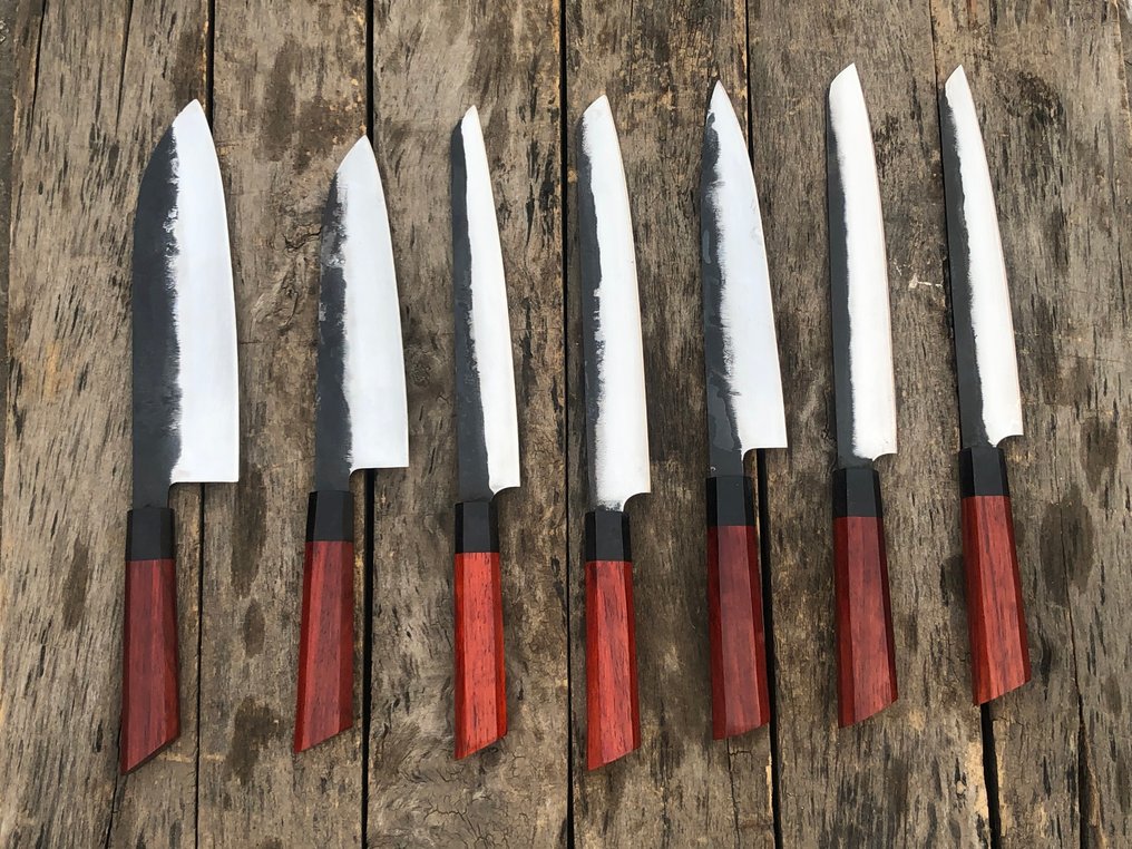 Coltello da cucina - Set di coltelli da chef artigianali da collezione (7) in acciaio speciale giapponese, manico in - Nord America - Leather Saya (Dr13) #4.3