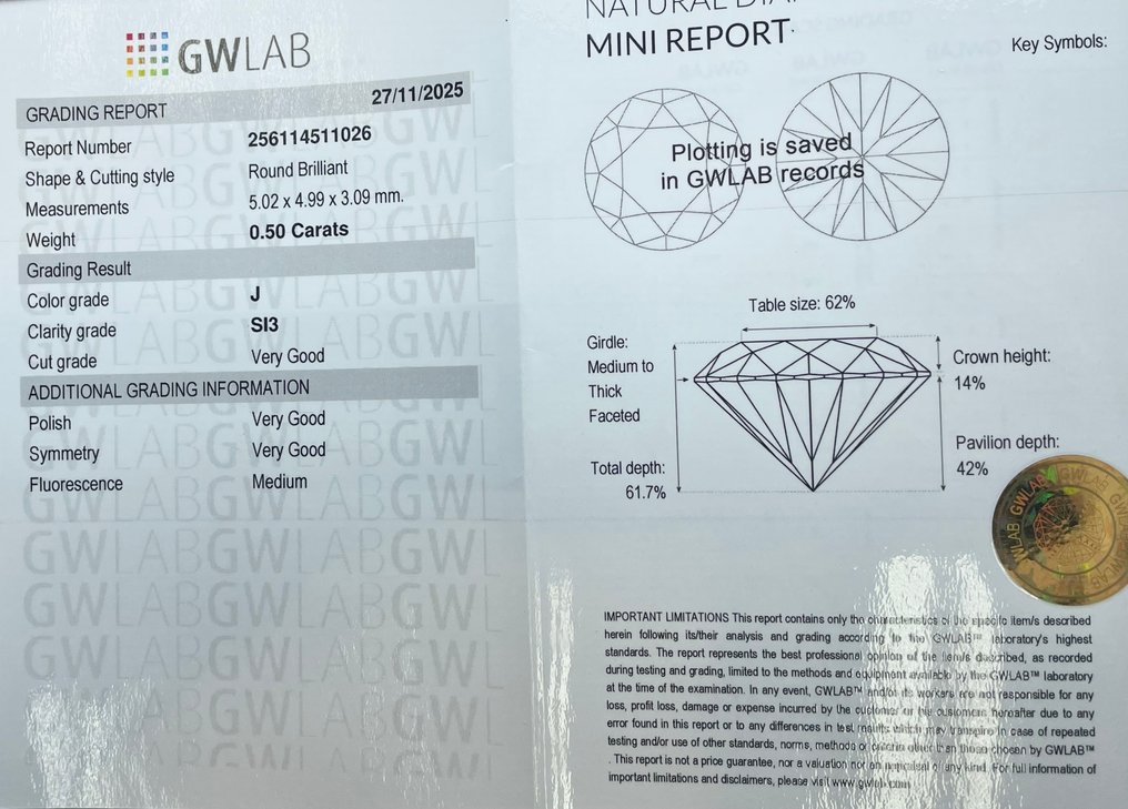 No Reserve Price - 1 pcs Diamond  (Natural)  - 0.50 ct - Round - J - SI3 - Gemewizard Gemological Laboratory (GWLab) #2.1