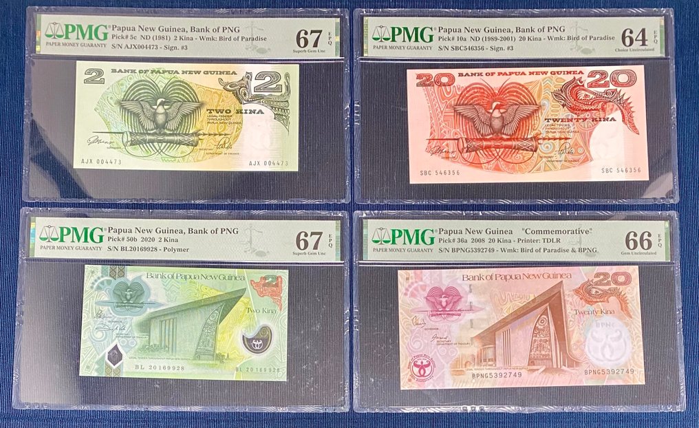 Papua New Guinea. - 4 banknotes - all graded - various dates  (No Reserve Price) #1.0