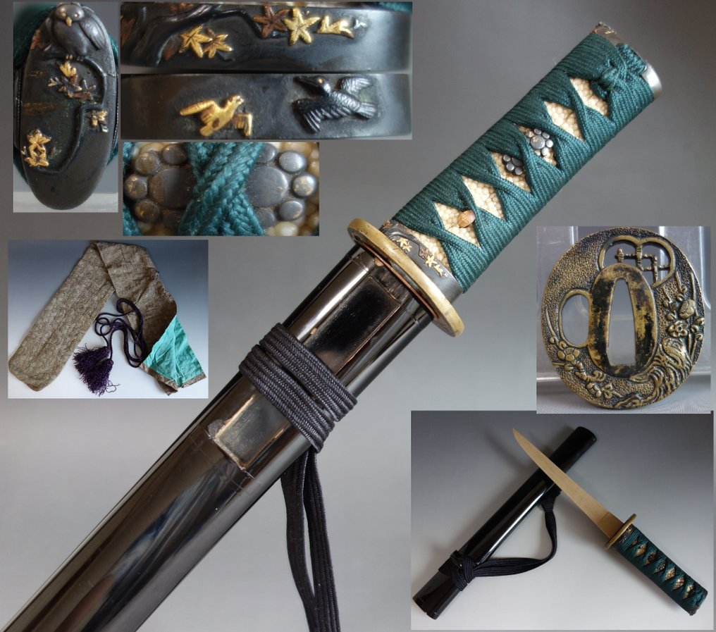Katana - Legno - koshirae wakizashi hawk maple leaf fuchi kashira mine star menuki - Giappone - Tardo periodo Edo #1.0