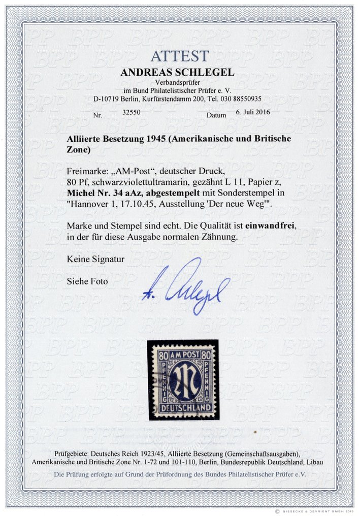 Συμμαχική Κατοχή - Γερμανία (Αμερικανική και βρετανική ζώνη) 1945 - Α.Μ. Post Γερμανική εκτύπωση, πλήρης πρόταση ελεγχθεί με πιστοποιητικά. - Michel 16/35 #1.0