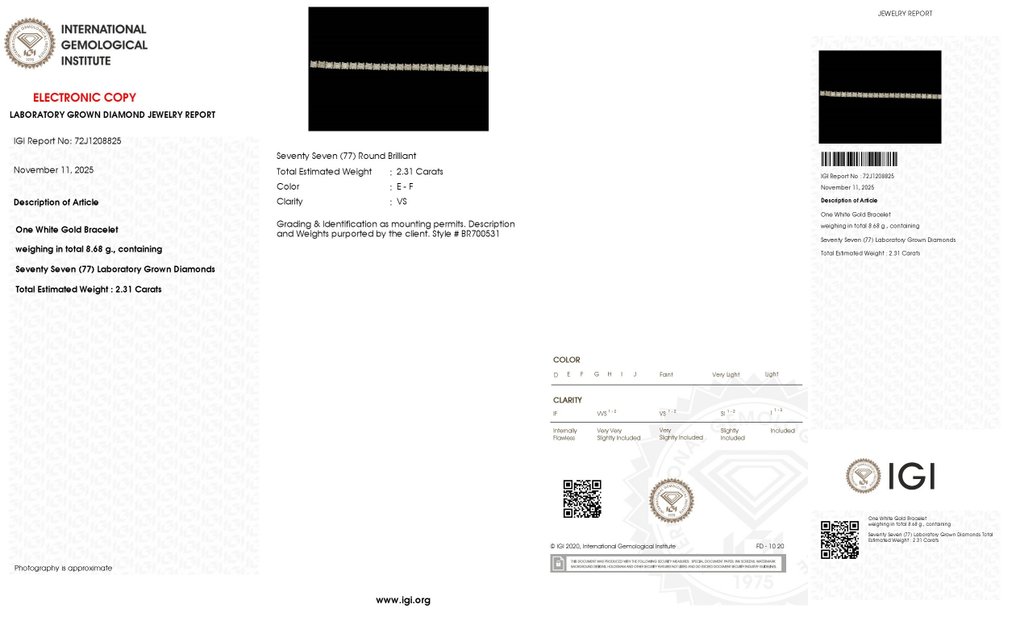 网球手链 - 14K包金 白金 -  2.31ct. tw. 钻石 (实验室培育) #4.3