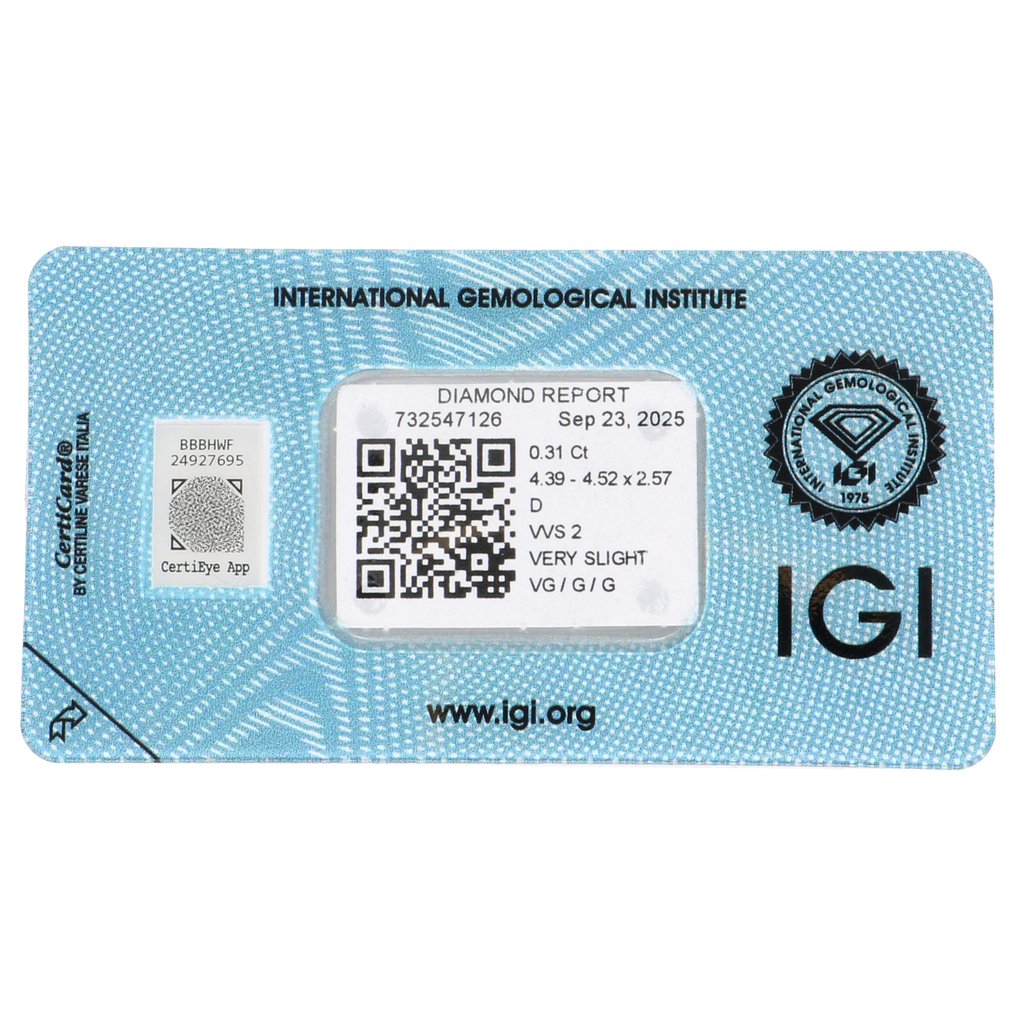 没有保留价 - 1 pcs 钻石  (天然)  - 0.31 ct - 圆形 - D (无色) - VVS2 极轻微内含二级 - 国际宝石研究院（IGI） #2.1