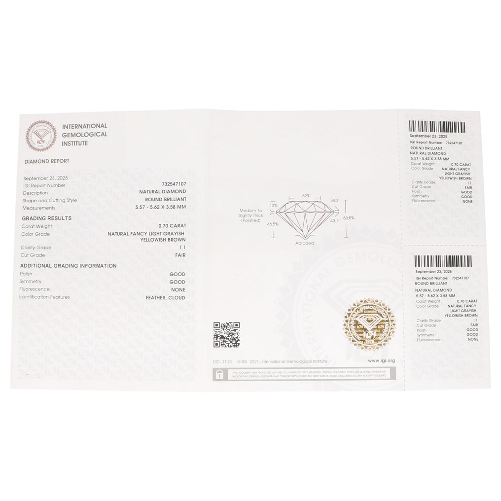 沒有保留價 - 1 pcs 鑽石 (天然彩色) - 0.70 ct - 圓形 - Fancy light 淡黃色, 淡灰色 褐色 - I1 - 國際寶石學院(International Gemological Institute (IGI)) #3.2