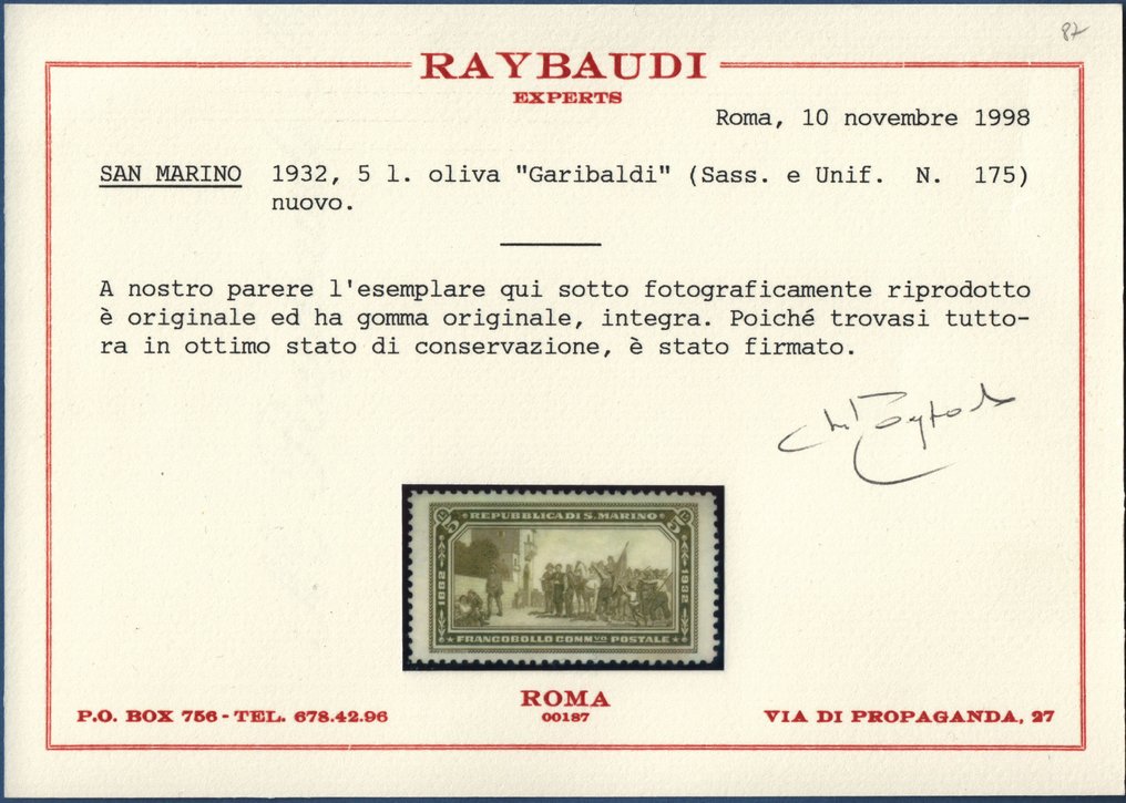 聖馬力諾 1932 - Garibaldi 8V 系列 MNH** - Sassone S. 31 #2.1