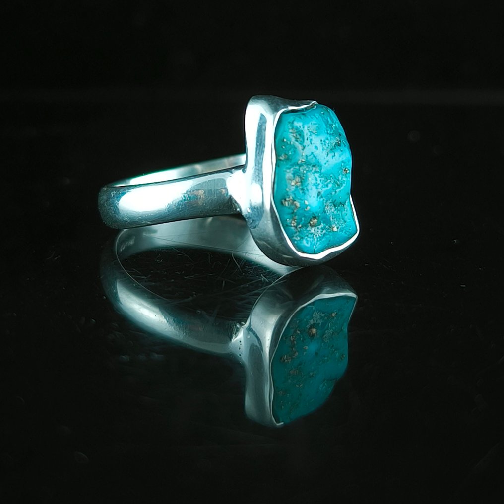 Turquoise Ring in sterling silver - Height: 14 mm - Width: 10 mm- 3.76 g - (1) #4.3
