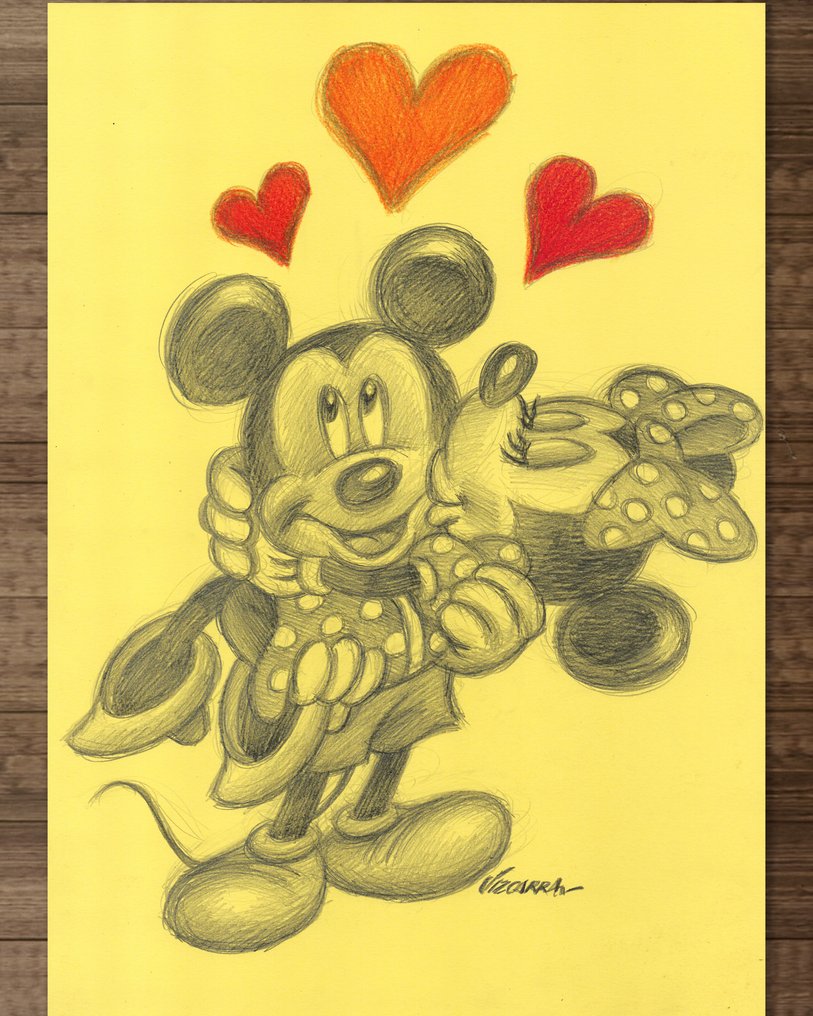 Joan Vizcarra Original drawing - Mickey & Minnie in Love – Hand Signed #1.0