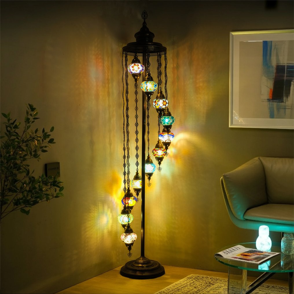 Golvlampa - Äkta turkisk mosaikgolvlampa - 11-globkaskaddesign - Handgjord - Mässing #1.0