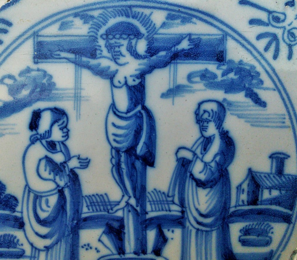  Cserép - Bijbeltegel - De Kruisiging op de berg Golgotha - 1700-1750  #1.0
