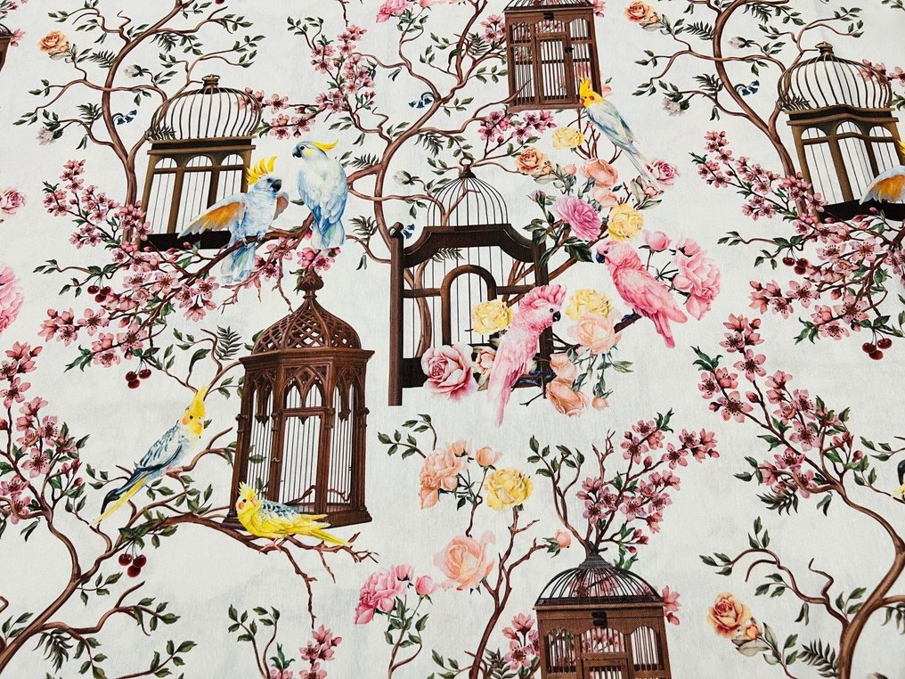 和谐与自由 - 在开花树枝上的棉布,带有笼子和鹦鹉 - 室內裝潢織物 - 6 m - 1.4 m #1.0
