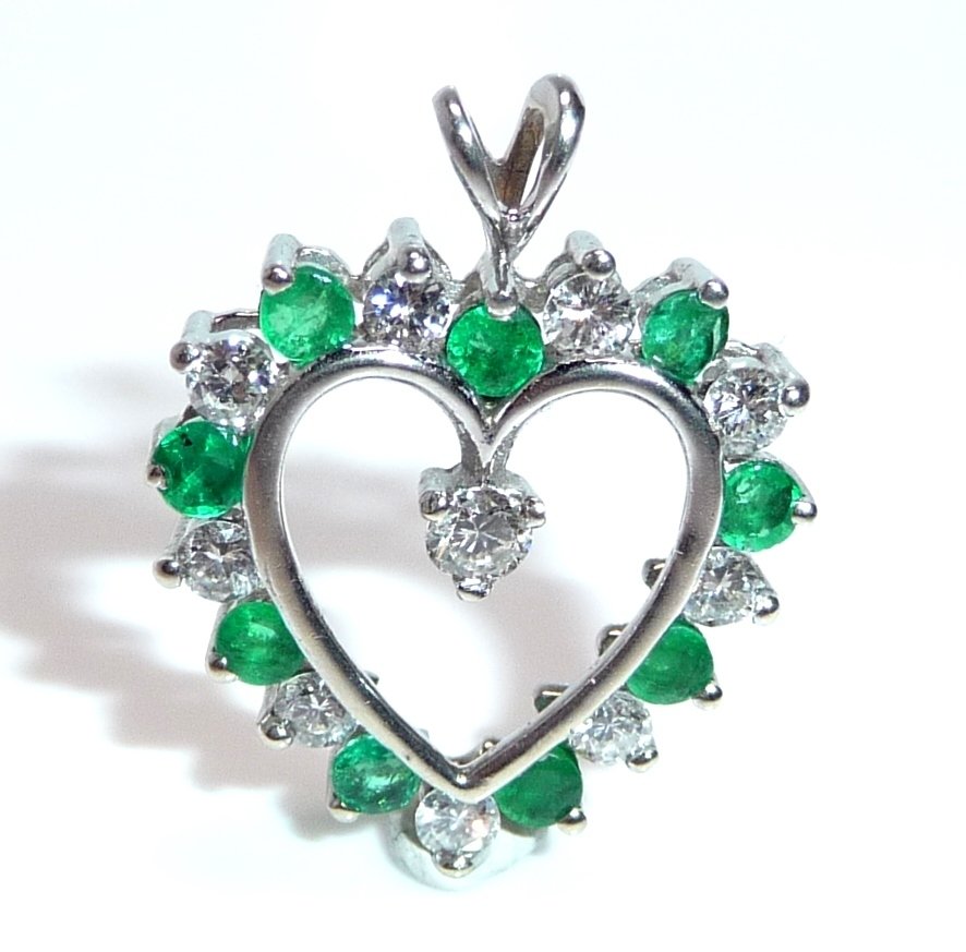 吊坠 - 14K包金 白金 -  0.75ct. tw. 钻石 (天然)  - 祖母绿 - 心脏 - 高品质 #1.0
