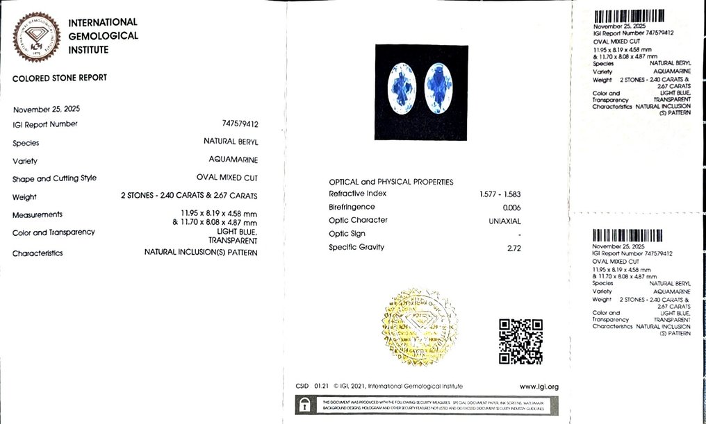 Nincs minimálár - 2 pcs Kék Akvamarin - 5.07 ct - Nemzetközi Gemmológiai Intézet (IGI) #2.1
