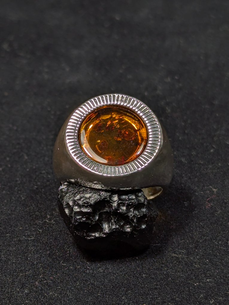 Anel de prata 925 em estilo selo, com âmbar báltico natural, da Suécia. - Anel #3.2