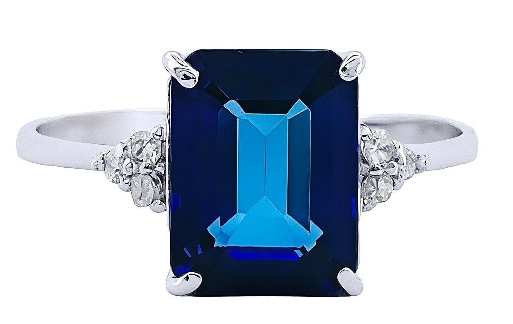 Ei pohjahintaa - Sormus - 18 kt. Valkokulta Safiiri - Timantti #1.0