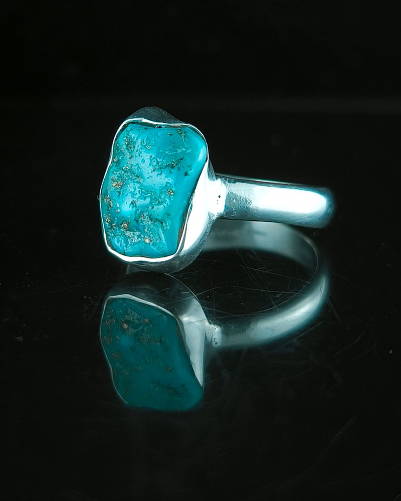 Turquoise Ring in sterling silver - Height: 14 mm - Width: 10 mm- 3.76 g - (1) #1.0