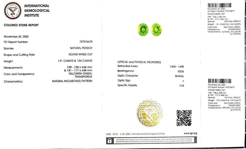 Nincs minimálár - 2 pcs Peridot - 3.85 ct - Nemzetközi Gemmológiai Intézet (IGI) - pár #2.1