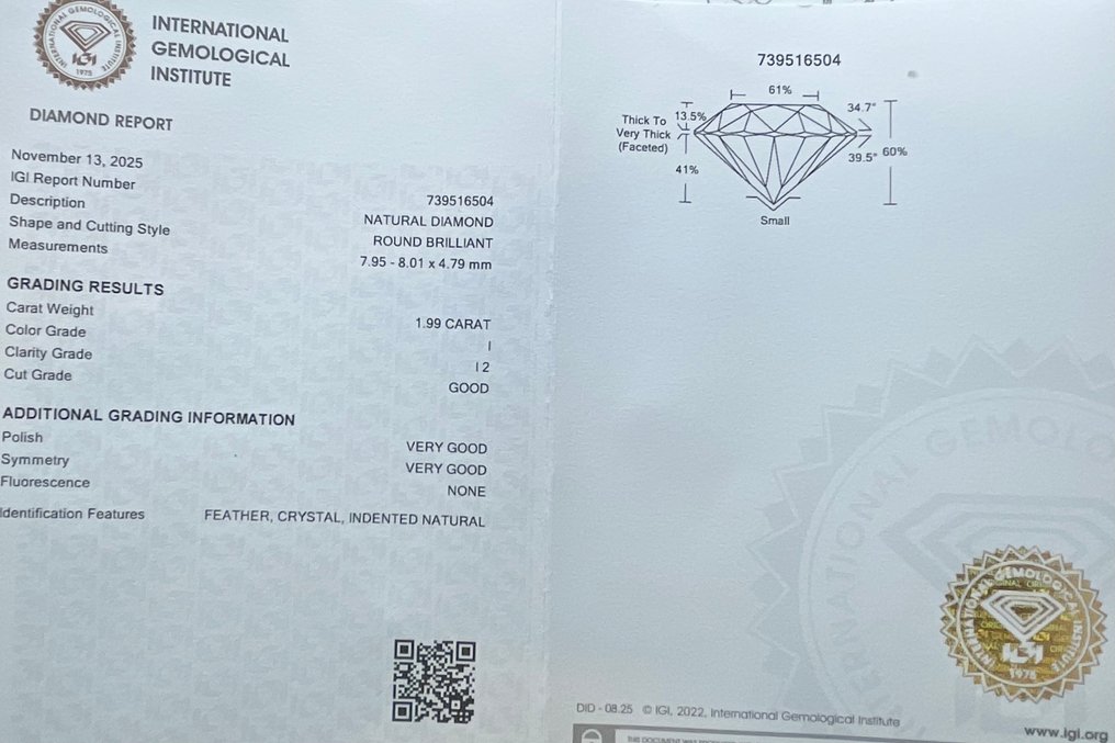 没有保留价 - 1 pcs 钻石  (天然)  - 1.99 ct - 圆形 - I - I2 内含二级 - 国际宝石研究院（IGI） #2.1