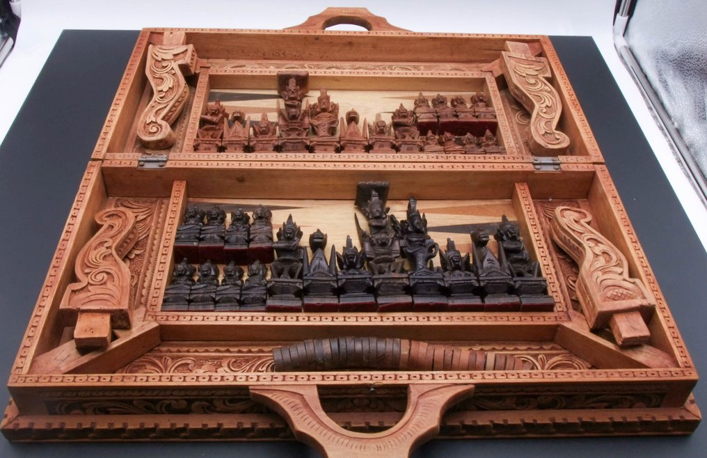国际象棋套装 - Handgeschnitztes Schach- & Backgammon-Set – Südostasien – Traditionelle asiatische Figuren - 木 #3.2