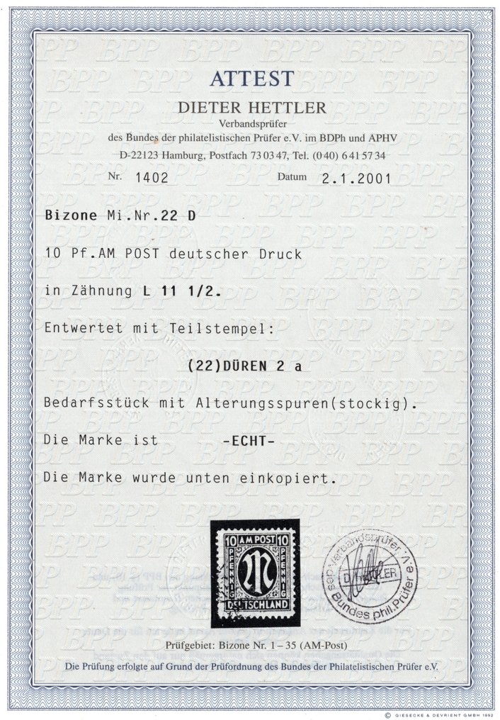 Liittoutuneet - Saksa (amerikkalainen ja englantilainen vyöhyke) 1945 - AM Post saksalainen painatus, 10 Pf., hyvässä D-merkkauksessa sertifikaatilla. - Michel 22 D #2.1