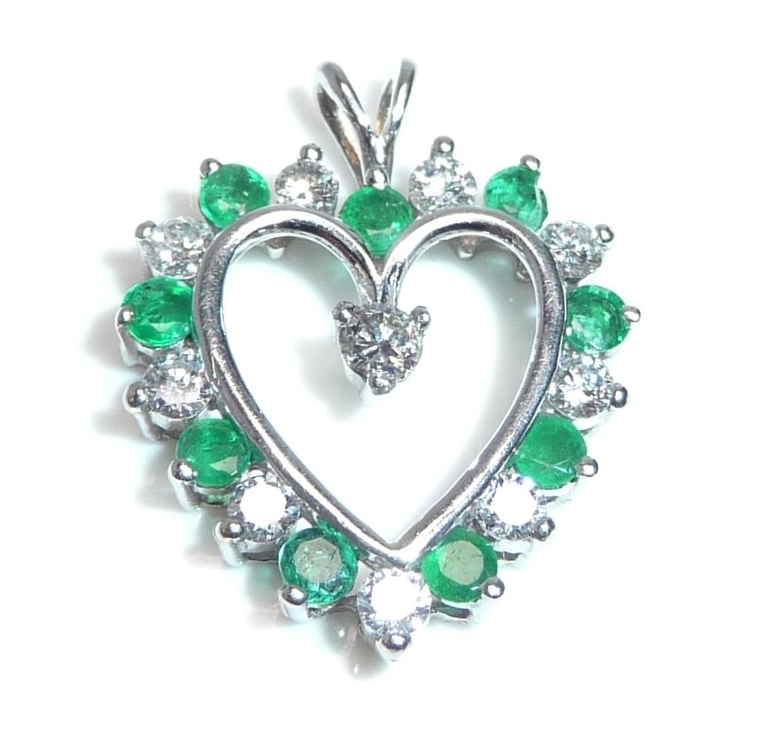 吊坠 - 14K包金 白金 -  0.75ct. tw. 钻石 (天然)  - 祖母绿 - 心脏 - 高品质 #3.2