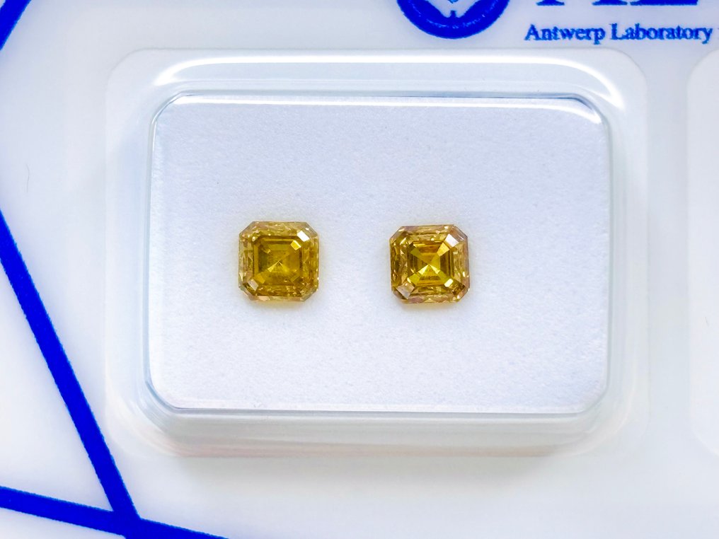 没有保留价 - 2 pcs 钻石  (天然色彩的)  - 0.98 ct - 方形 - Fancy vivid 似橙色 黄色 - SI1 微内含一级, I1 内含一级 - 安特卫普宝石检测实验室（ALGT） #2.1