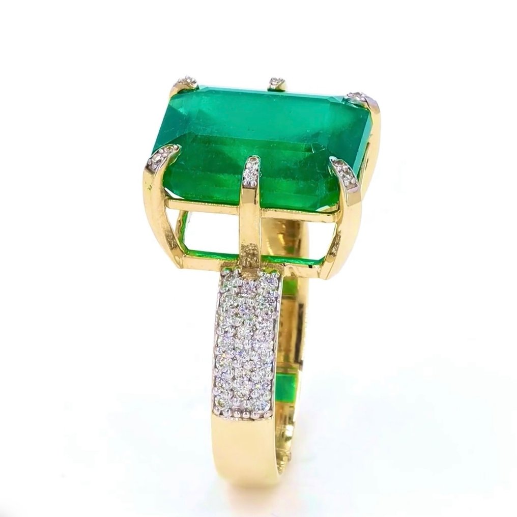 Bague - 14 carats Or jaune -  10.41ct. tw. Émeraude - Diamant - Vert intense #3.2