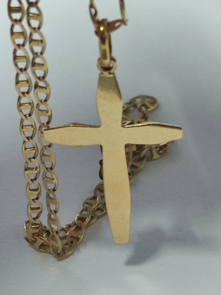 吊墜頸鏈 - 18 克拉 黃金, 十字架链条。70年代古董。手工制作，细节精致。 #2.1