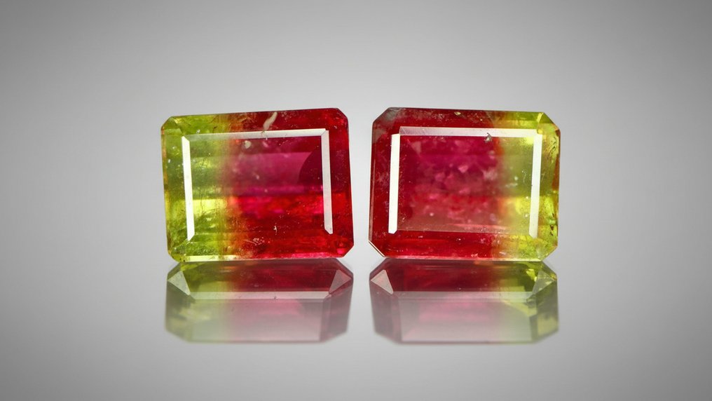 2 pcs 双色, 绿色, 粉色, 黄色, 紫色 电气石 - 7.23 ct - 国际有色宝石协会(ICA GemLab) - 双色日落对 #1.0