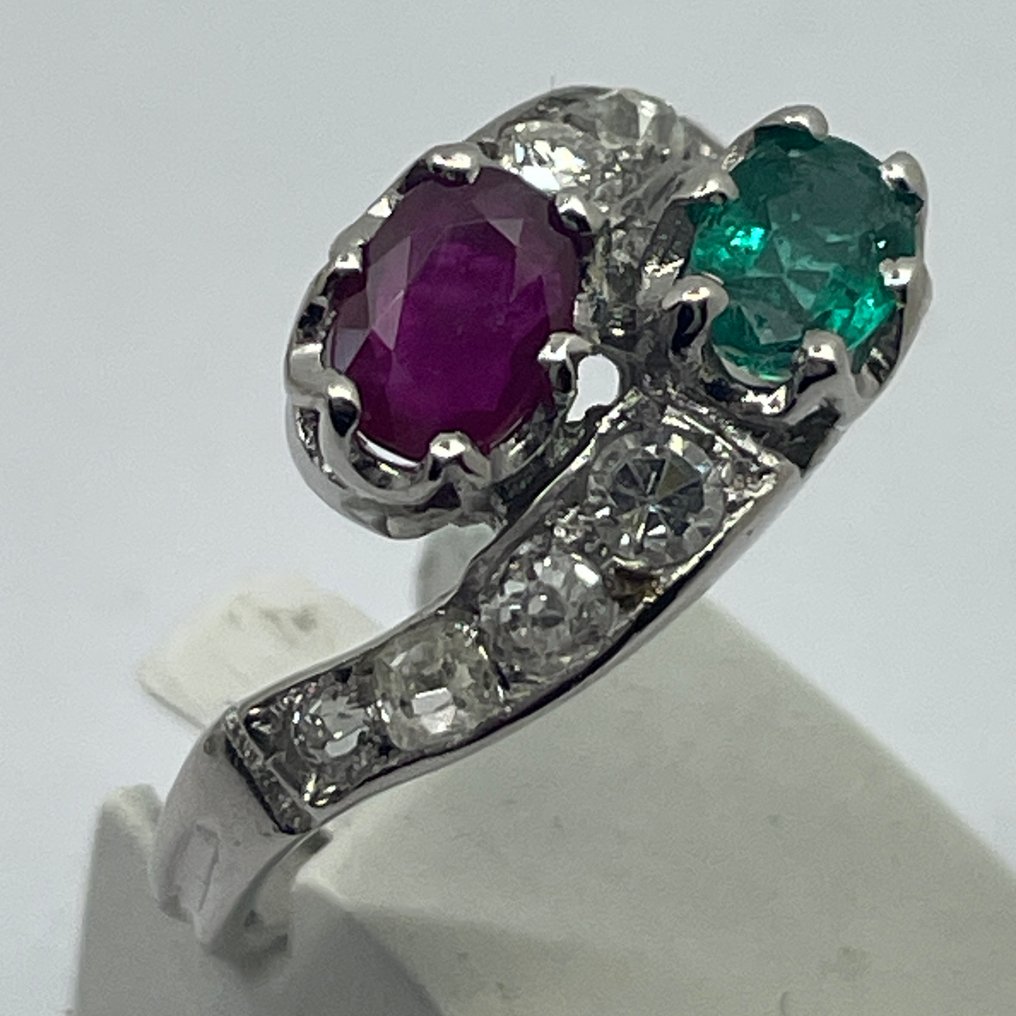 鸡尾酒戒指 - 18K包金 白金 -  1.31ct. tw. 祖母绿 - 钻石 - 翡翠/红宝石 #3.2