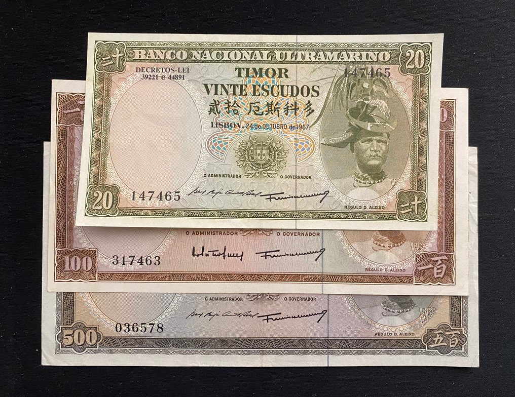 Timor. - 20, 100, 500 Escudos 1963-67 - Pick 26a, 28, 29a  (Sem preço de reserva) #1.0