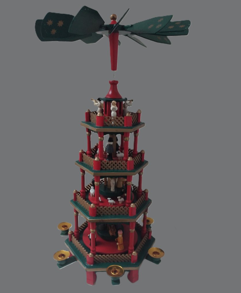 Christmas figurine - Rotating Christmas pyramid - Green - Red - Gold - 4-tiered - 57 cm - Top - Wood #1.0