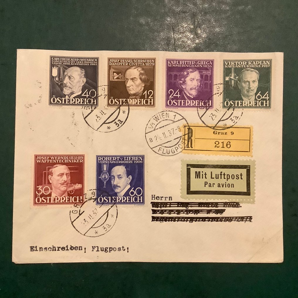 Αυστρία 1936 - Εφευρέτης για πραγματικά ταξιδεμένη επιστολή αεροπορικής ταχυδρομείου. - Michel 632/637 #3.2