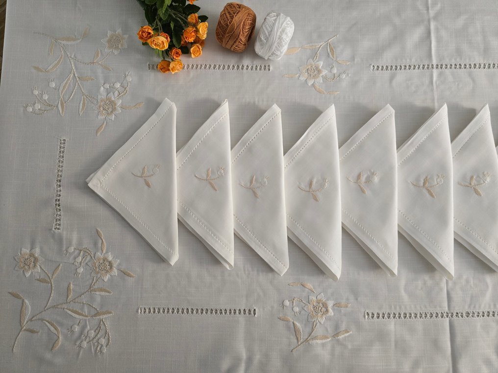 Tovaglia ricamata a mano in misto lino 12 posti tablecloth handmade - Toalha de mesa  - 270 cm - 175 cm #1.0